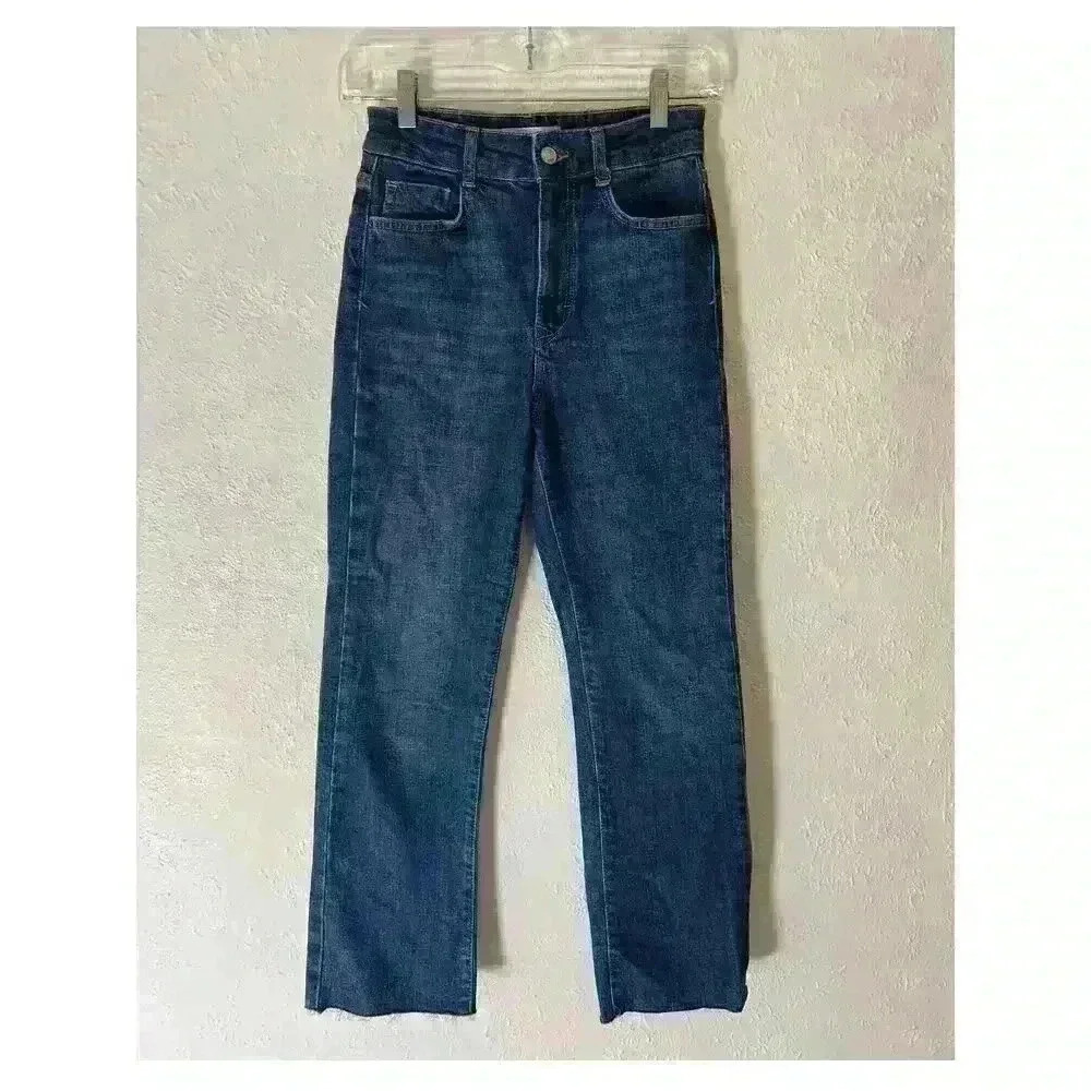 Zara Women Sz 2 High Rise Straight Fray Hem Ankle Jeans Mid Blue
